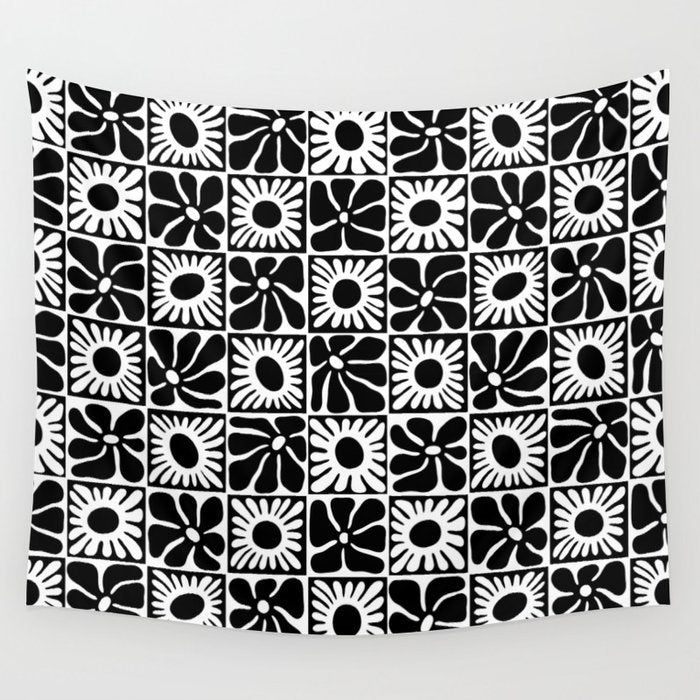 Black and white retro flower art pattern Wall Tapestry Gallery Image 1