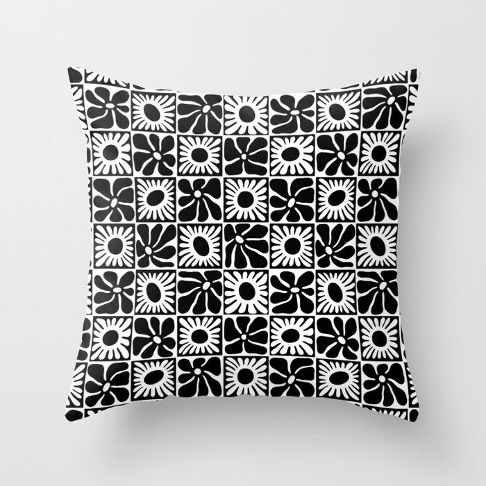 Black and white retro flower art pattern Throw Pillow Gallery Image 6