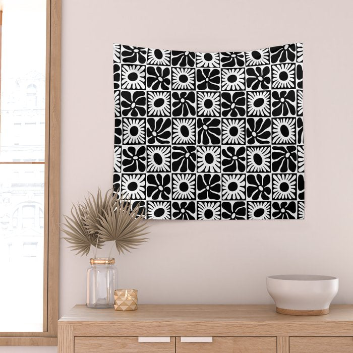Black and white retro flower art pattern Wall Tapestry Gallery Image 2