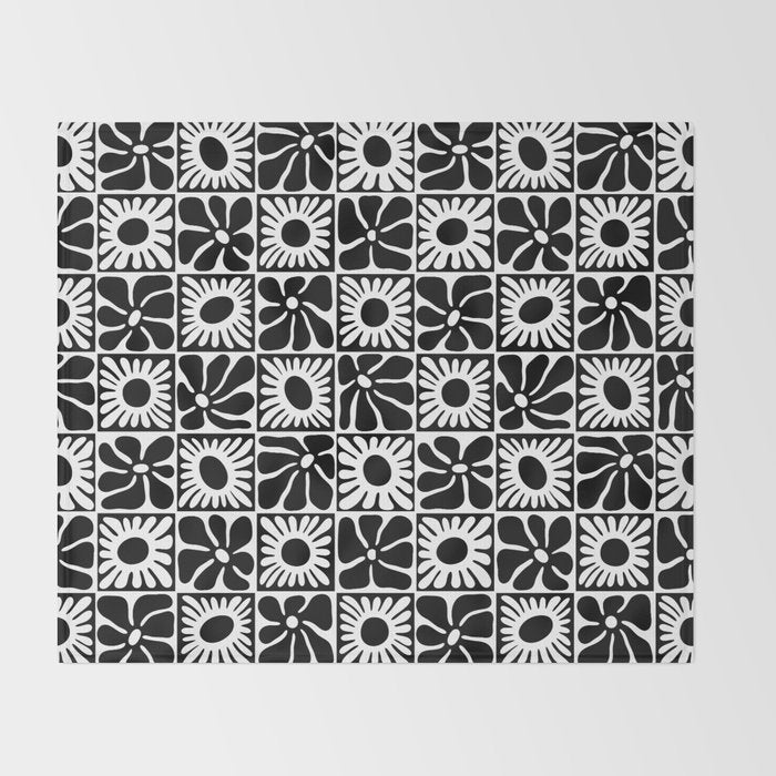 Black and white retro flower art pattern Throw Blanket Gallery Image 2