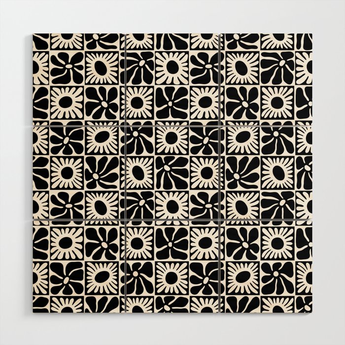 Black and white retro flower art pattern Wood Wall Art Gallery Image 1