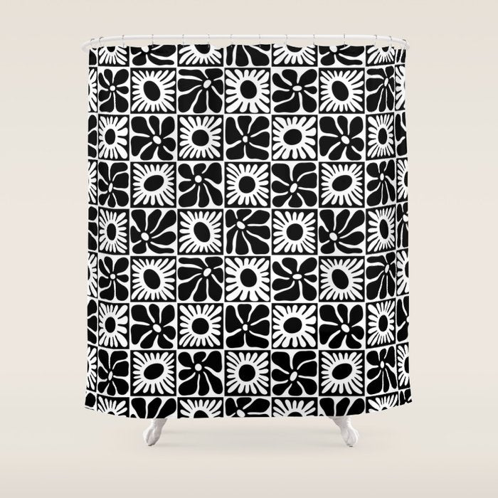 Black and white retro flower art pattern Shower Curtain Gallery Image 1