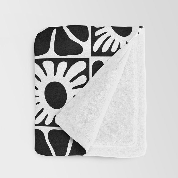 Black and white retro flower art pattern Throw Blanket Gallery Image 3