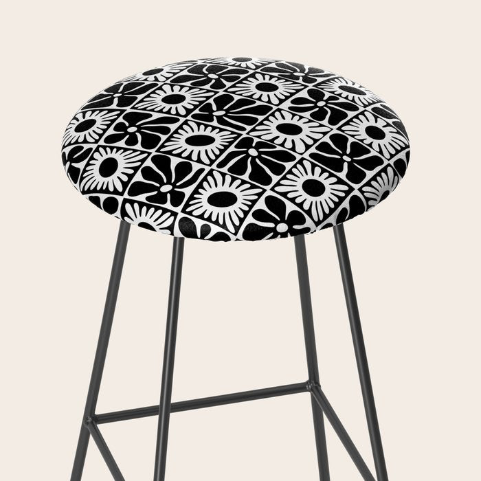 Black and white retro flower art pattern Stool Gallery Image 2