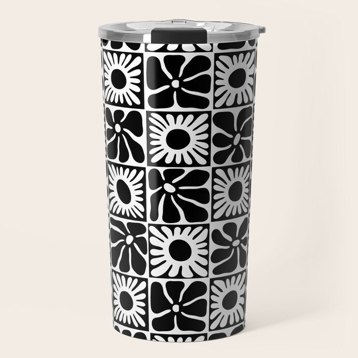 Black and white retro flower art pattern Travel Mug Gallery Image 1