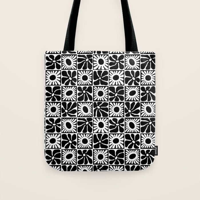 Black and white retro flower art pattern Tote Bag Gallery Image 1