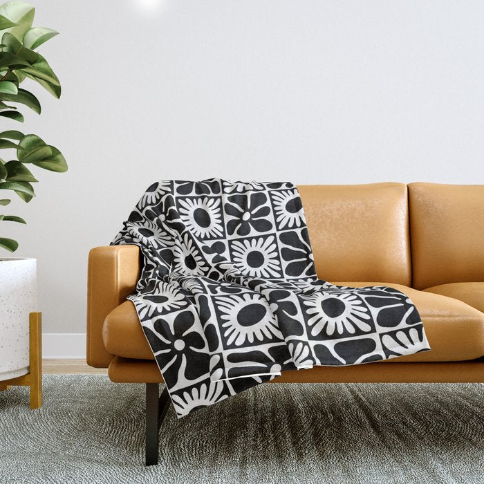 Black and white retro flower art pattern Throw Blanket Gallery Image 1