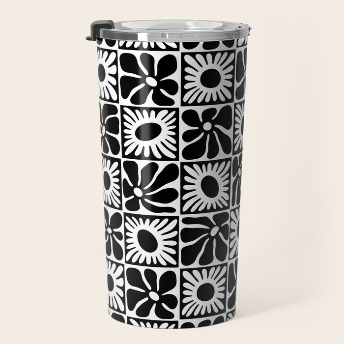 Black and white retro flower art pattern Travel Mug Gallery Image 3