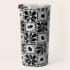 Black and white retro flower art pattern Travel Mug Gallery Image 3