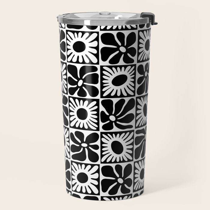 Black and white retro flower art pattern Travel Mug Gallery Image 2