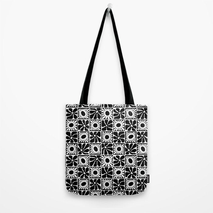 Black and white retro flower art pattern Tote Bag Gallery Image 2