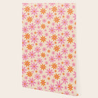  Retro 70s Groovy Daisy Pattern with Stripes, Hot Orange and Pink Wallpaper Gallery Image 2