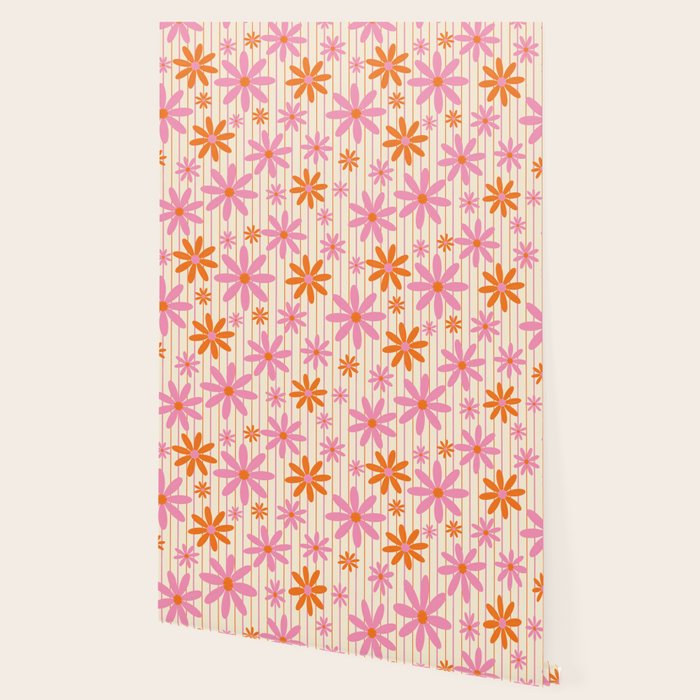  Retro 70s Groovy Daisy Pattern with Stripes, Hot Orange and Pink Wallpaper Gallery Image 2