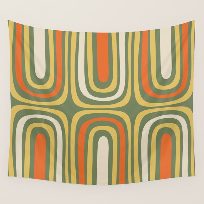 Retro Abstract Boho Confaab Pattern in Mossy Olive Green Orange Yellow Wall Tapestry Gallery Image 4