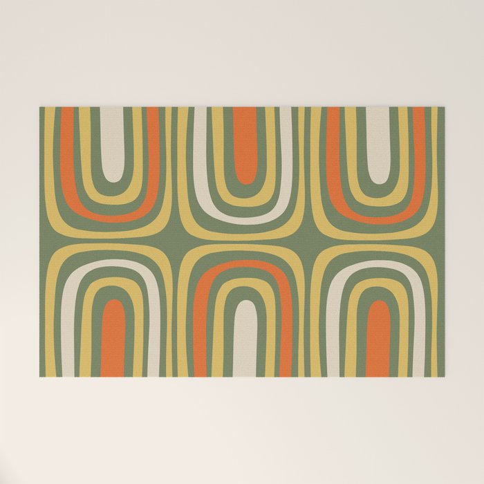 Retro Abstract Boho Confaab Pattern in Mossy Olive Green Orange Yellow Welcome Mat Gallery Image 1