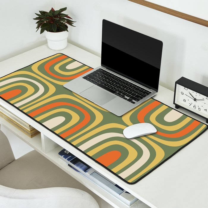 Retro Abstract Boho Confaab Pattern in Mossy Olive Green Orange Yellow Desk Mat Gallery Image 2