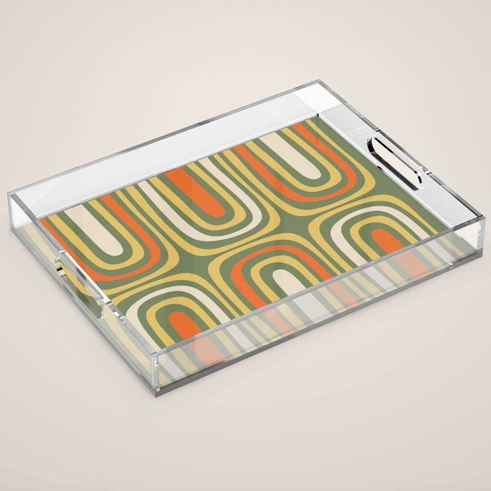 Retro Abstract Boho Confaab Pattern in Mossy Olive Green Orange Yellow Acrylic Tray Gallery Image 1