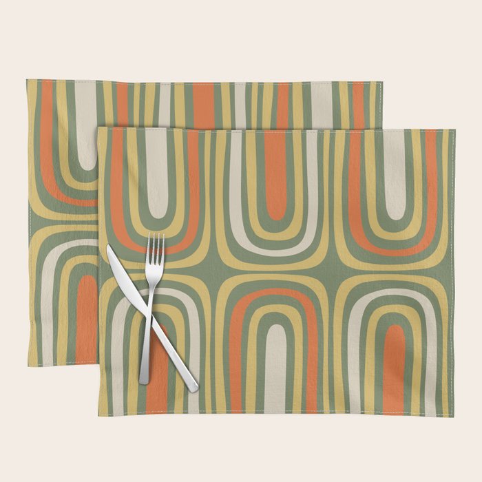 Retro Abstract Boho Confaab Pattern in Mossy Olive Green Orange Yellow Placemat Gallery Image 1