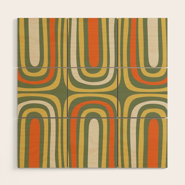 Retro Abstract Boho Confaab Pattern in Mossy Olive Green Orange Yellow Wood Wall Art Gallery Image 1