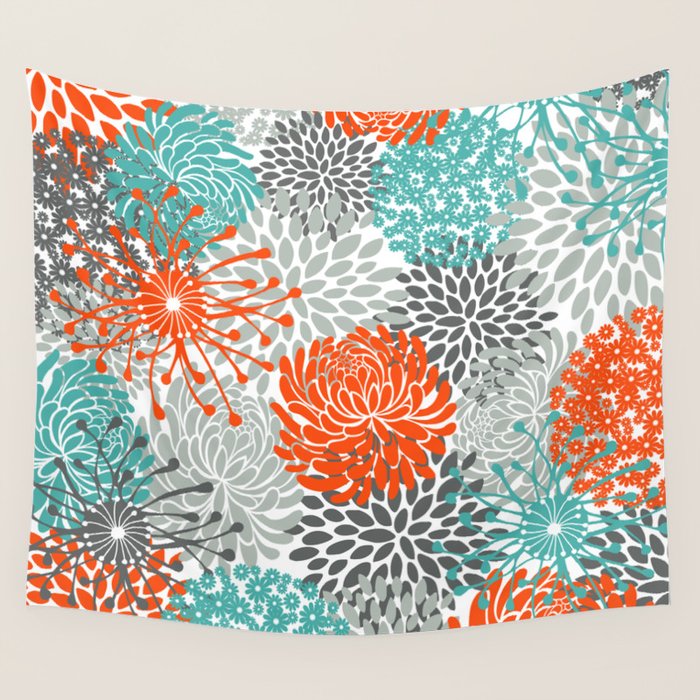 Orange and Teal Floral Abstract Print Wall Tapestry Gallery Image 1