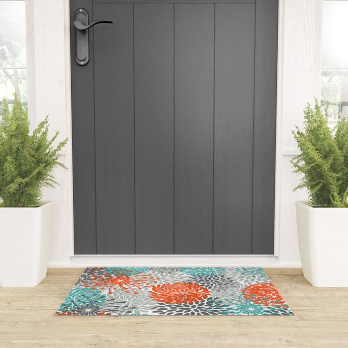 Orange and Teal Floral Abstract Print Welcome Mat Gallery Image 3