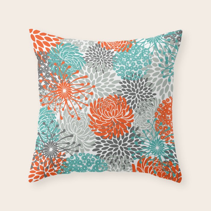 Orange and Teal Floral Abstract Print Throw Pillow Gallery Image 6