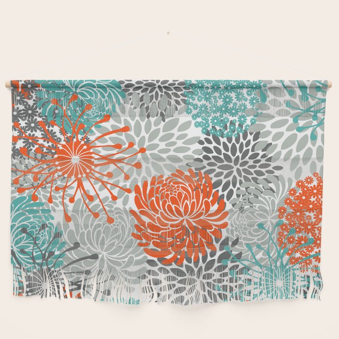 Orange and Teal Floral Abstract Print Wall Hanging Gallery Image 1