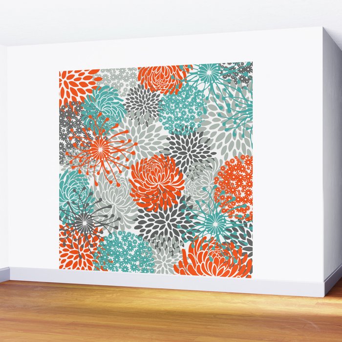 Orange and Teal Floral Abstract Print Wall Mural Gallery Image 2