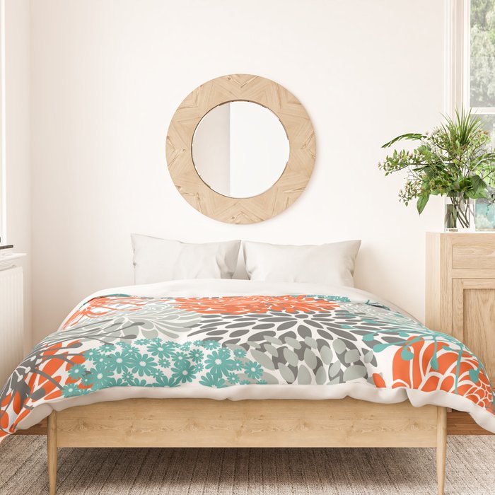 Orange and Teal Floral Abstract Print Duvet Cover Gallery Image 3