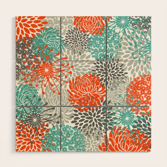 Orange and Teal Floral Abstract Print Wood Wall Art Gallery Image 1