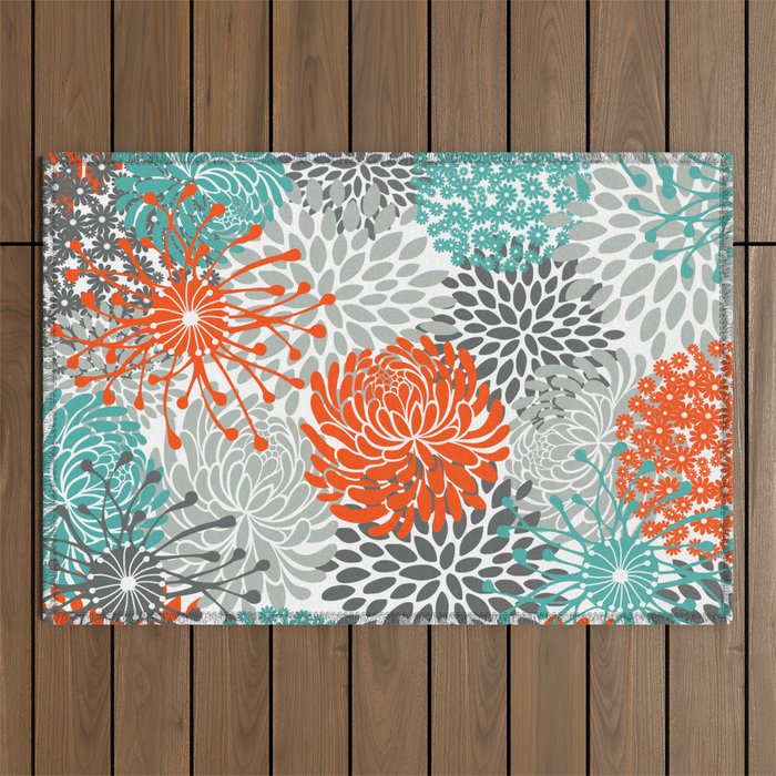 Orange and Teal Floral Abstract Print Outdoor Rug Gallery Image 1