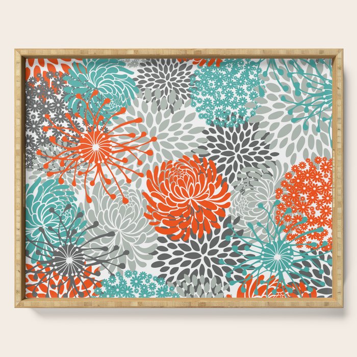 Orange and Teal Floral Abstract Print Serving Tray Gallery Image 1