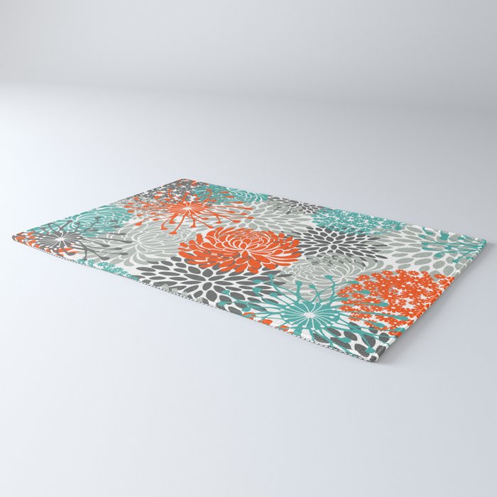 Orange and Teal Floral Abstract Print Rug Gallery Image 3