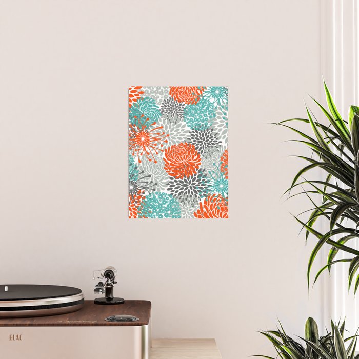 Orange and Teal Floral Abstract Print Poster Gallery Image 2