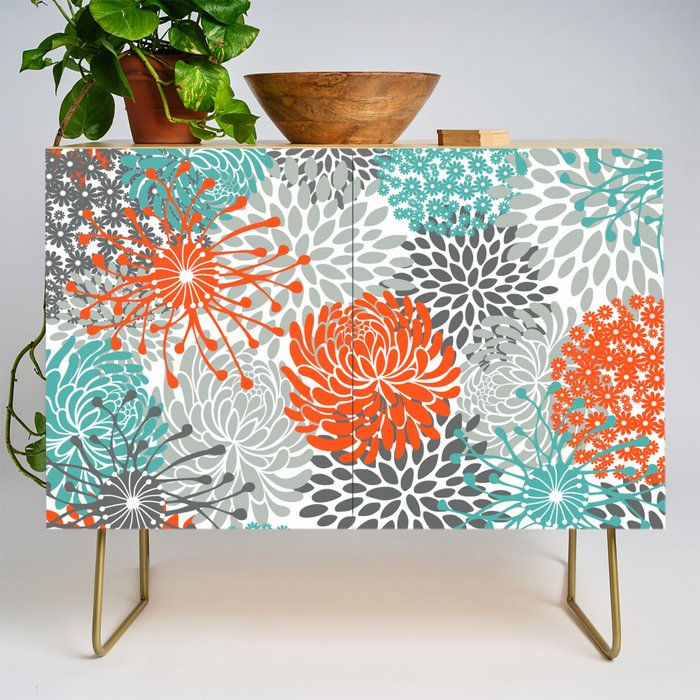 Orange and Teal Floral Abstract Print Credenza Gallery Image 1
