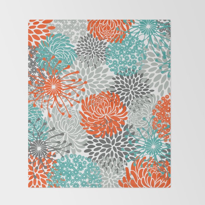 Orange and Teal Floral Abstract Print Throw Blanket Gallery Image 2