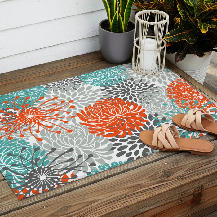 Orange and Teal Floral Abstract Print Outdoor Rug Gallery Image 2