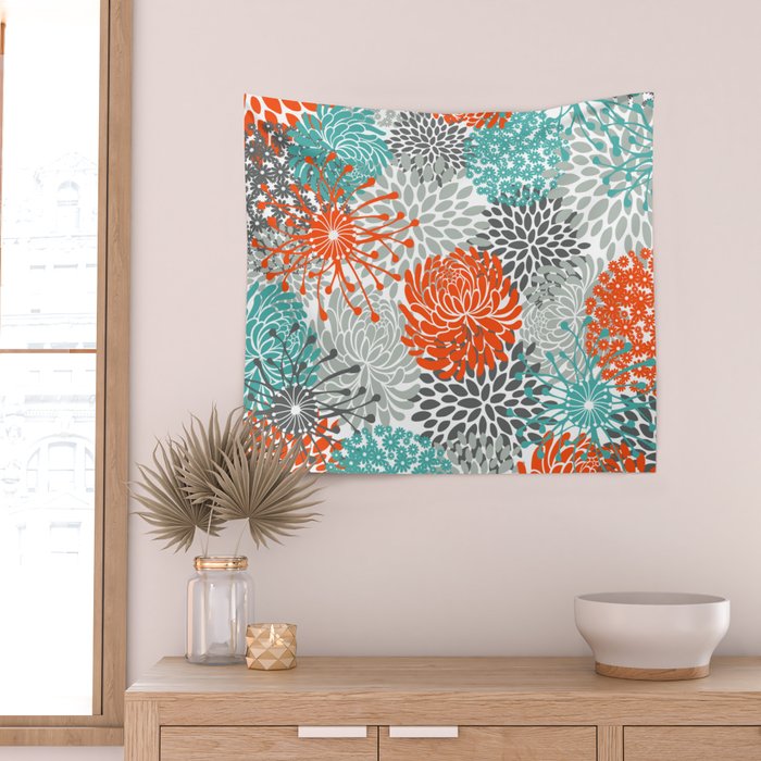 Orange and Teal Floral Abstract Print Wall Tapestry Gallery Image 2