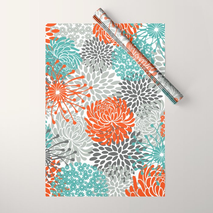 Orange and Teal Floral Abstract Print Wrapping Paper Gallery Image 1