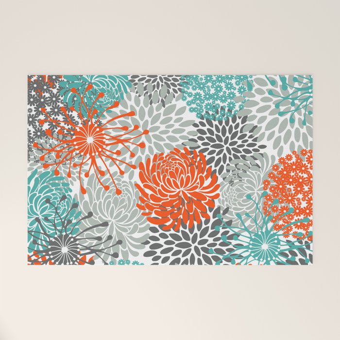 Orange and Teal Floral Abstract Print Welcome Mat Gallery Image 1