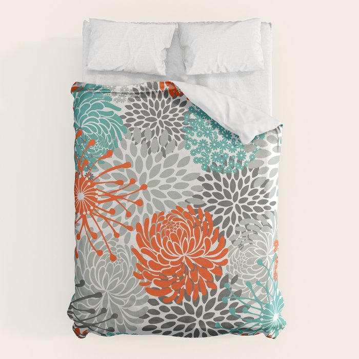 Orange and Teal Floral Abstract Print Duvet Cover Gallery Image 6