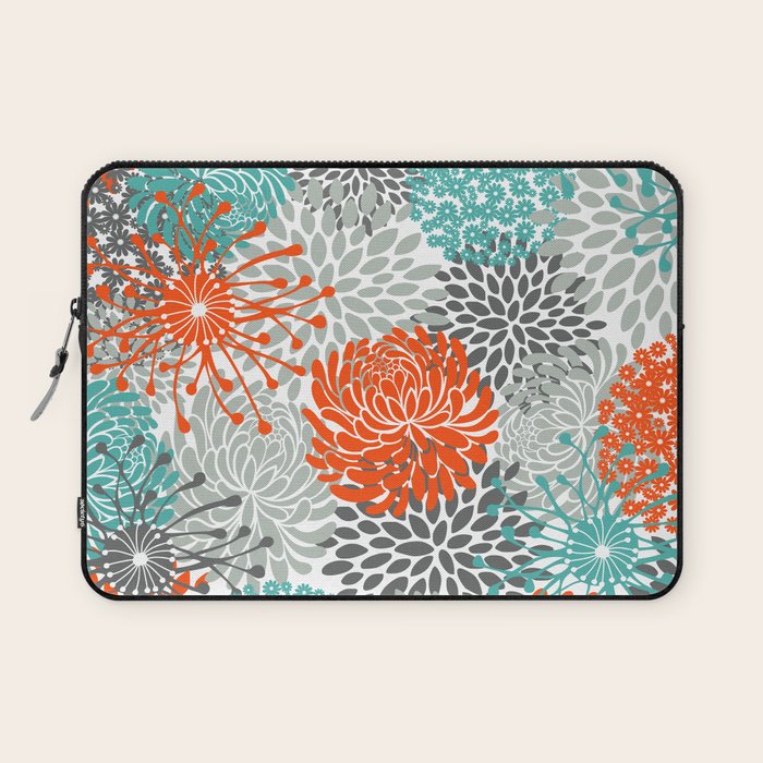 Orange and Teal Floral Abstract Print Laptop Sleeve Gallery Image 1