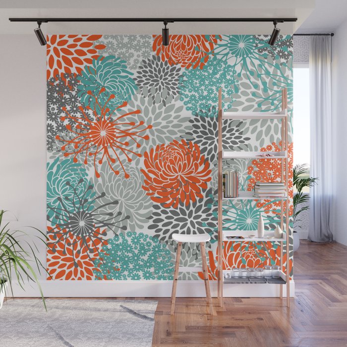 Orange and Teal Floral Abstract Print Wall Mural Gallery Image 1