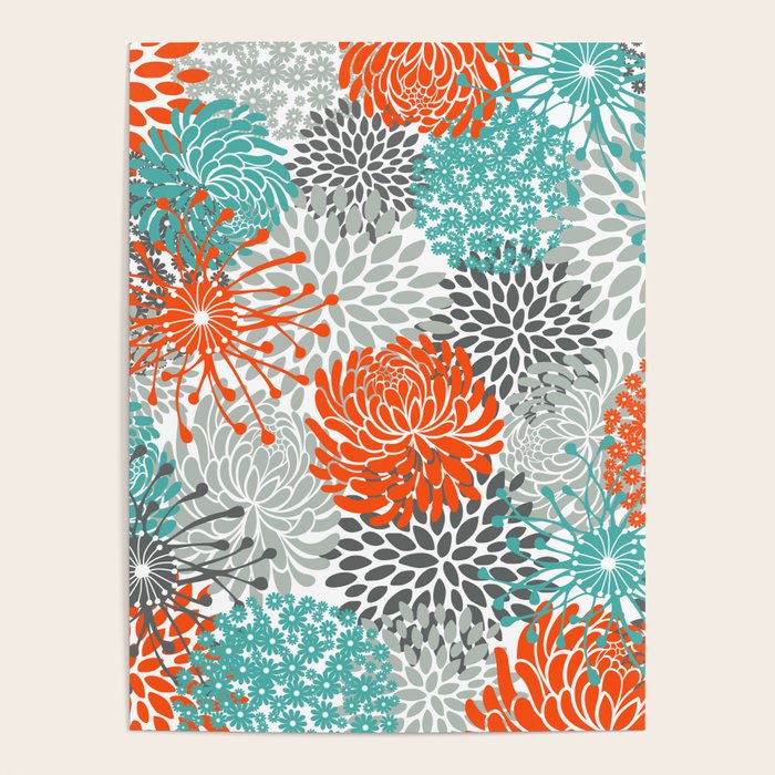 Orange and Teal Floral Abstract Print Poster Gallery Image 4