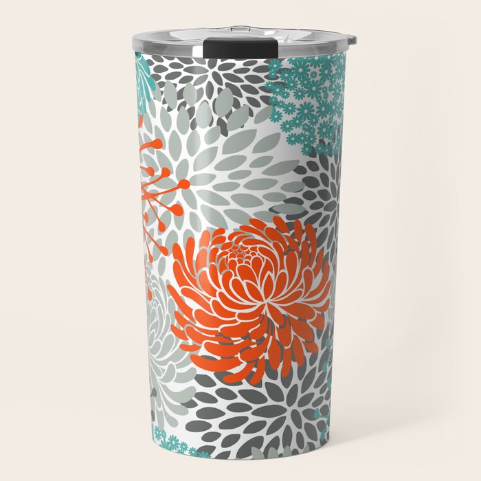 Orange and Teal Floral Abstract Print Travel Mug Gallery Image 1