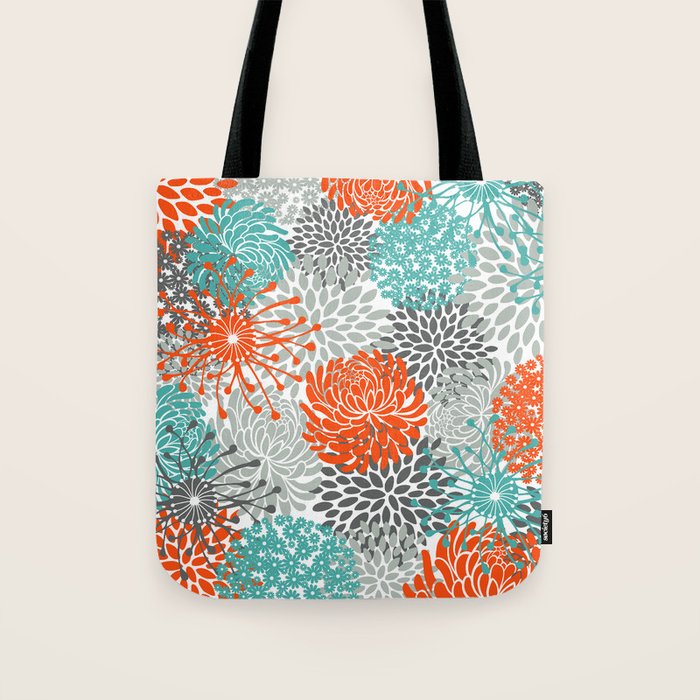 Orange and Teal Floral Abstract Print Tote Bag Gallery Image 1