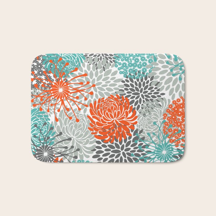 Orange and Teal Floral Abstract Print Bath Mat Gallery Image 1