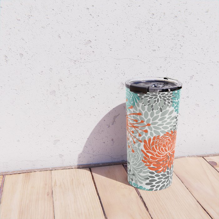 Orange and Teal Floral Abstract Print Travel Mug Gallery Image 4