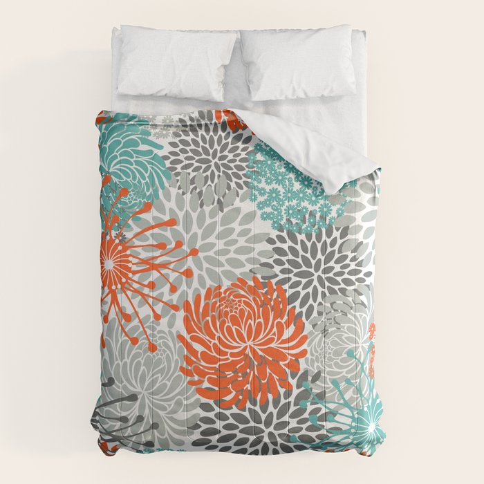 Orange and Teal Floral Abstract Print Comforter Gallery Image 1