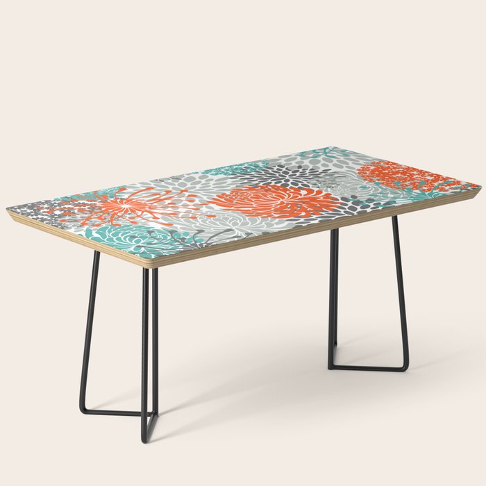 Orange and Teal Floral Abstract Print Coffee Table Gallery Image 1